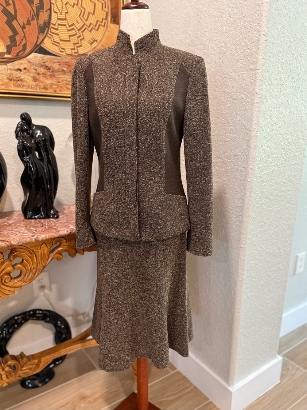 VTG Linda Allard Ellen Tracy Brown Midi Skirt and Jacket Set